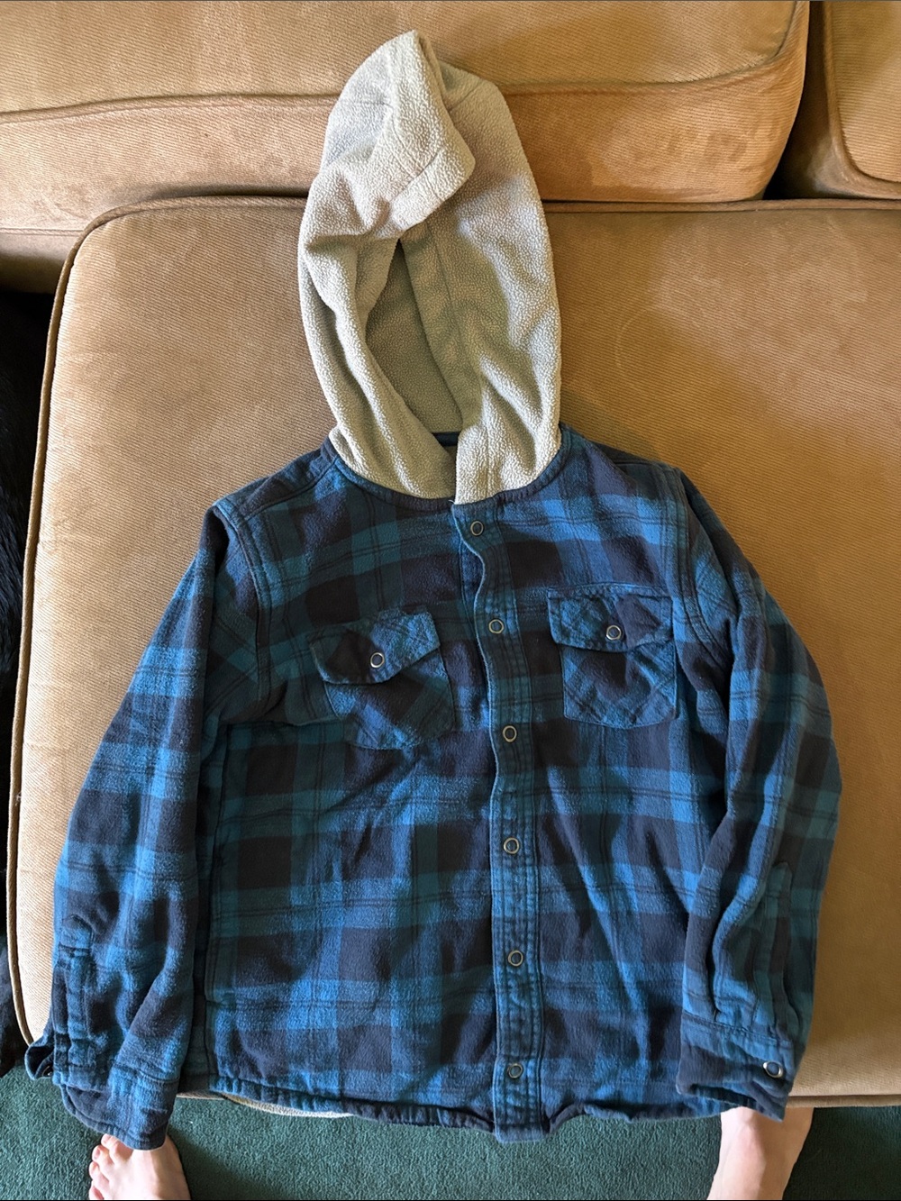 LL Bean Kids Blue Plaid Hooded Jacket with Sherpa Lining